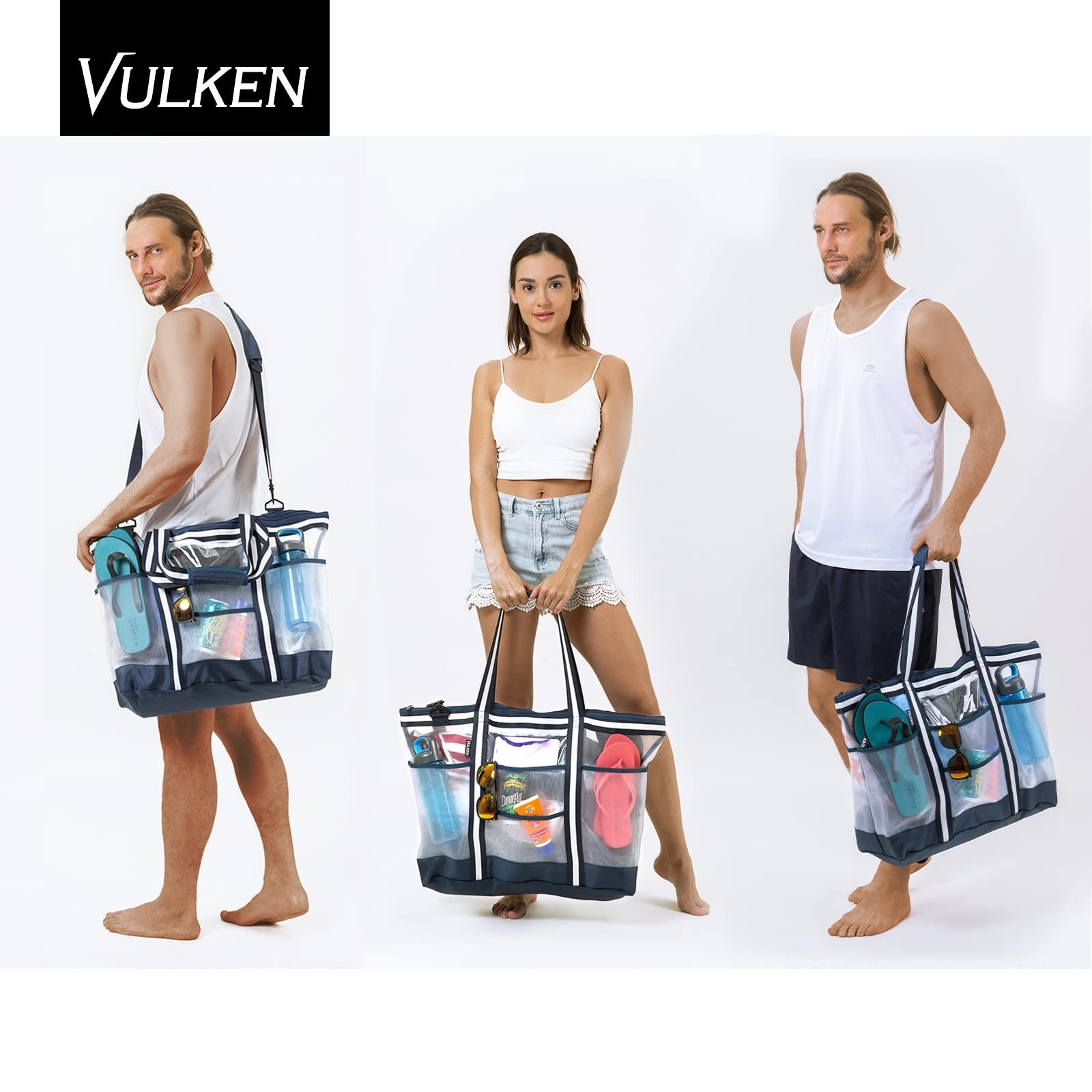 Vulken 42L Extra Large Mesh Beach Bag. 9 Pockets Top Zip Tote Bag Shoulder Bag