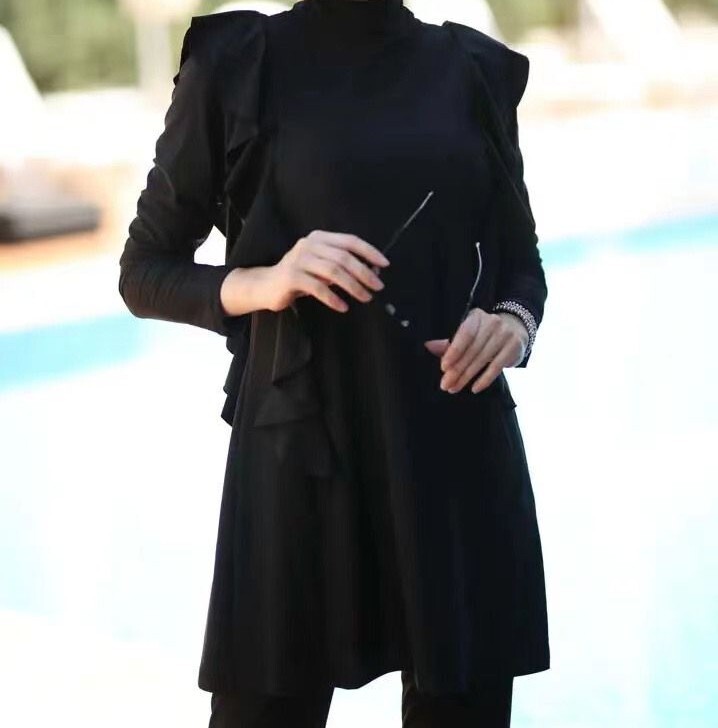Women Full Coverage Ruffled Swimwear Pants Hat 3-Piece Muslim Swimsuit S-3XL