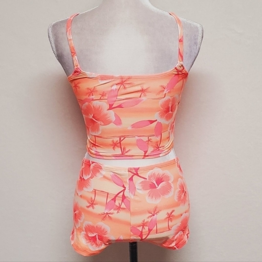 No Boundaries Vintage 90s Neon Orange Pink Tankini Boyshorts Two-Piece Bikini