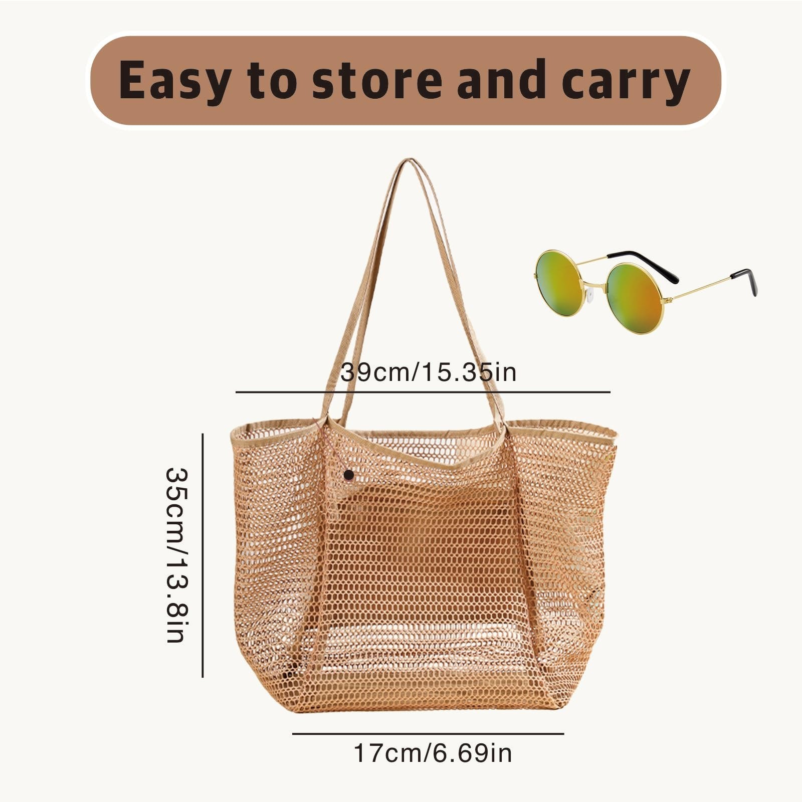 Mesh Beach Tote with Zipper Pockets,with a pair of Sunglasses Large Beige