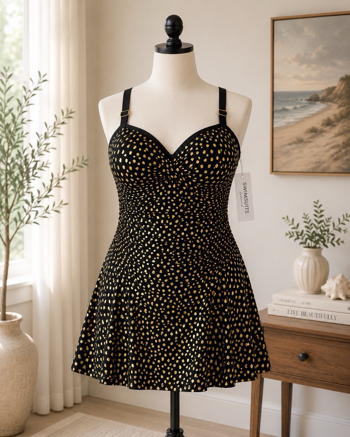 NWT Swimsuits For All Size 24 Swim Dress Black Gold Foil Tummy Control Plus