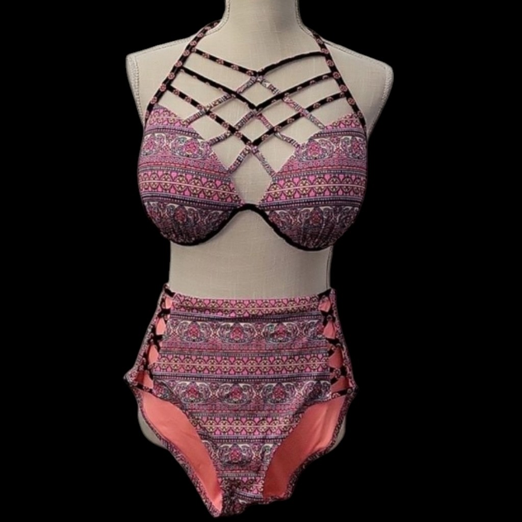 Shade Shore Pink and Black Strappy Bikini Set