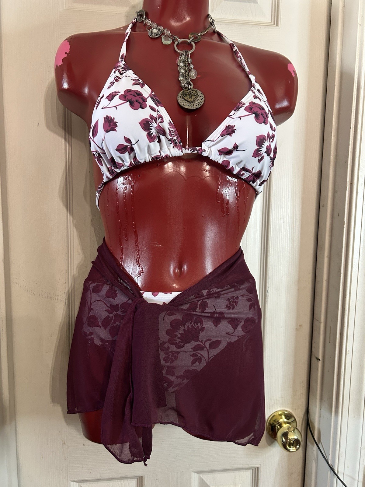 SHEIN 3 PIECE BIKINI SET W/ SKIRT – SIZE S – FLORAL BURGUNDY MULTI PRINT SWIM