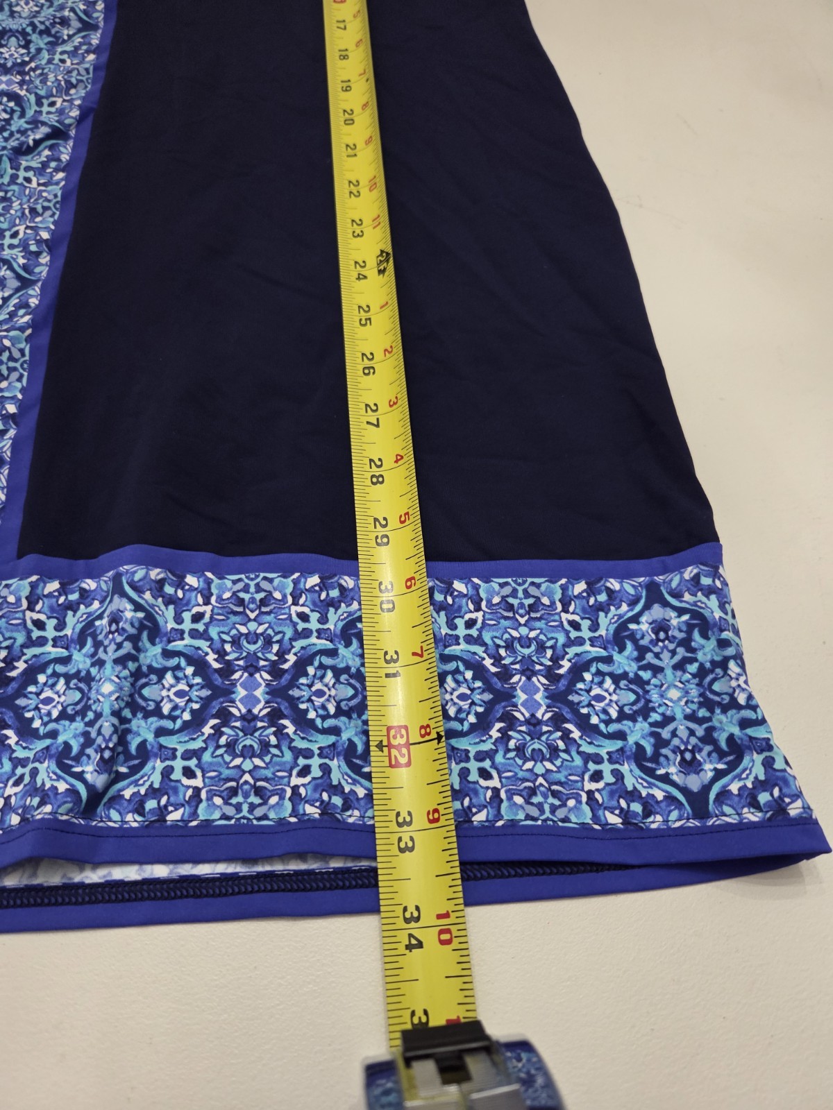 Lands End Size L Swim Dress Cover Up Navy Blue Medallion Floral Trim Tassels