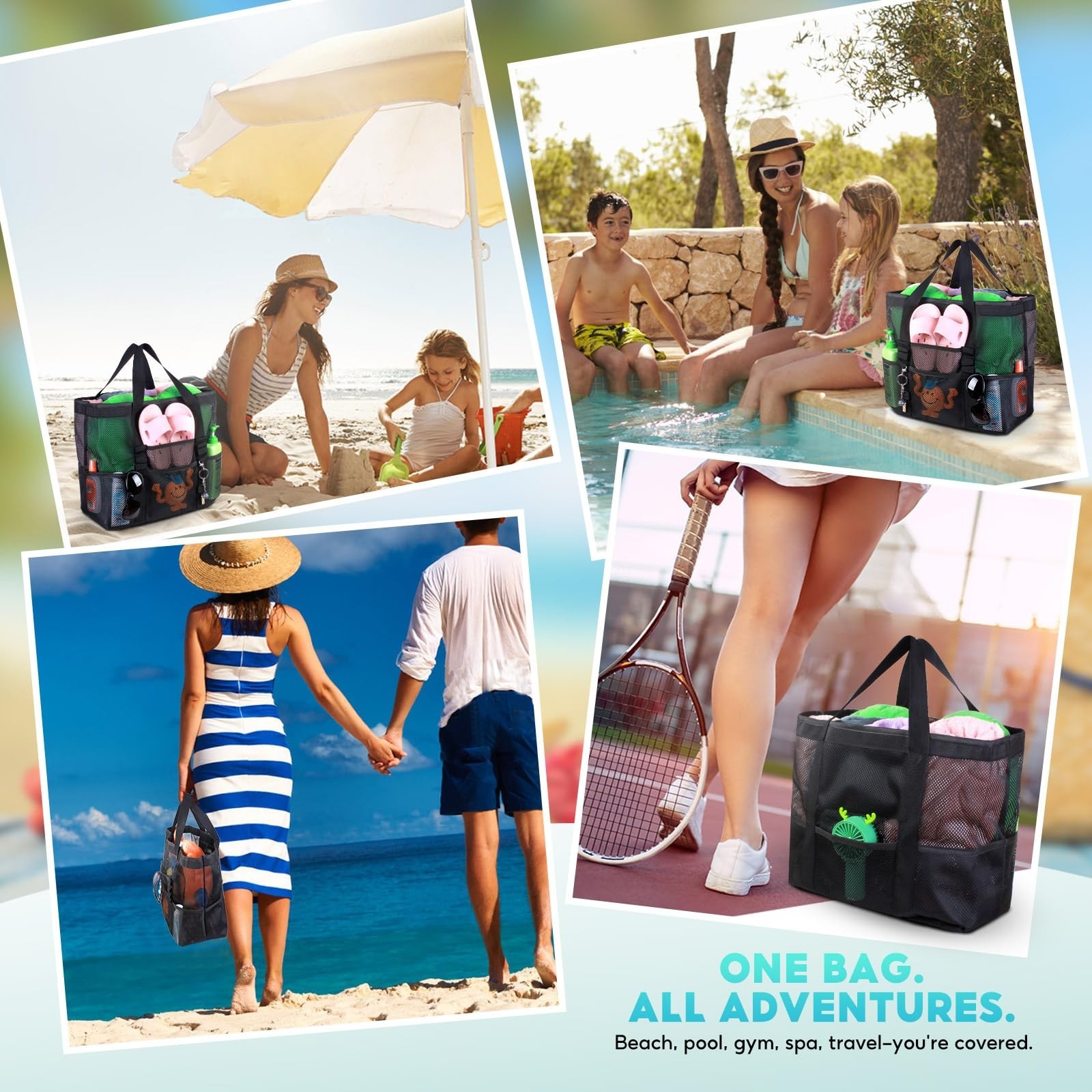 Large Mesh Beach Bag – Lightweight Beach Tote with 9 Pockets, Beach Bag fo