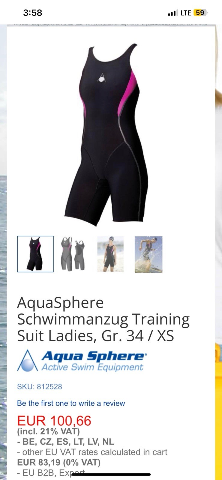 Aqua Sphere Womens Energize Black/Pink Training Suit LA Size 30 New