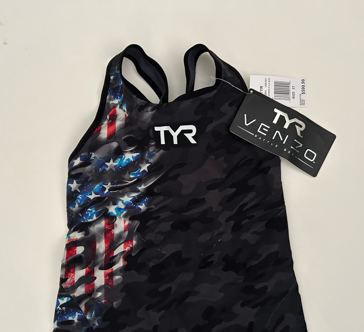 TYR Venzo Women’s Knee Skin Size 27 Black Camo Open Back Swimsuit Swimming NEW