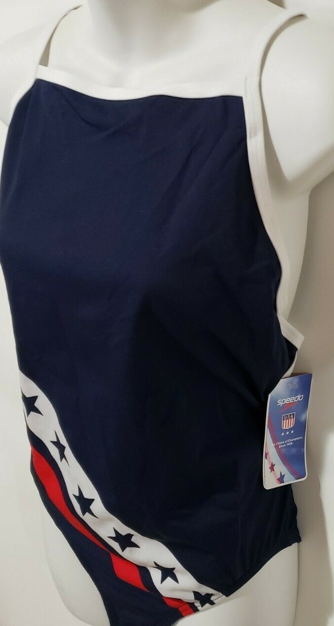Speedo Women’s Endurance+ Thin Strap Crossback One Piece Swimsuit USA Flag 14/40