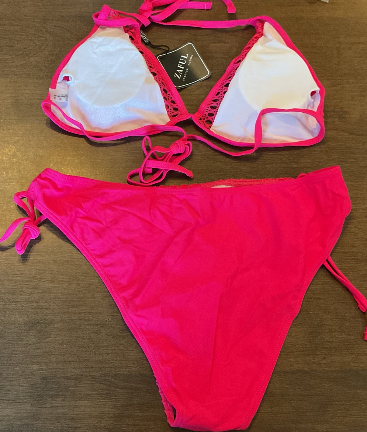 Zaful Women’s 2 Piece Triangle String Bikini Swim Set Hot Pink Size XL 12-14 NWT