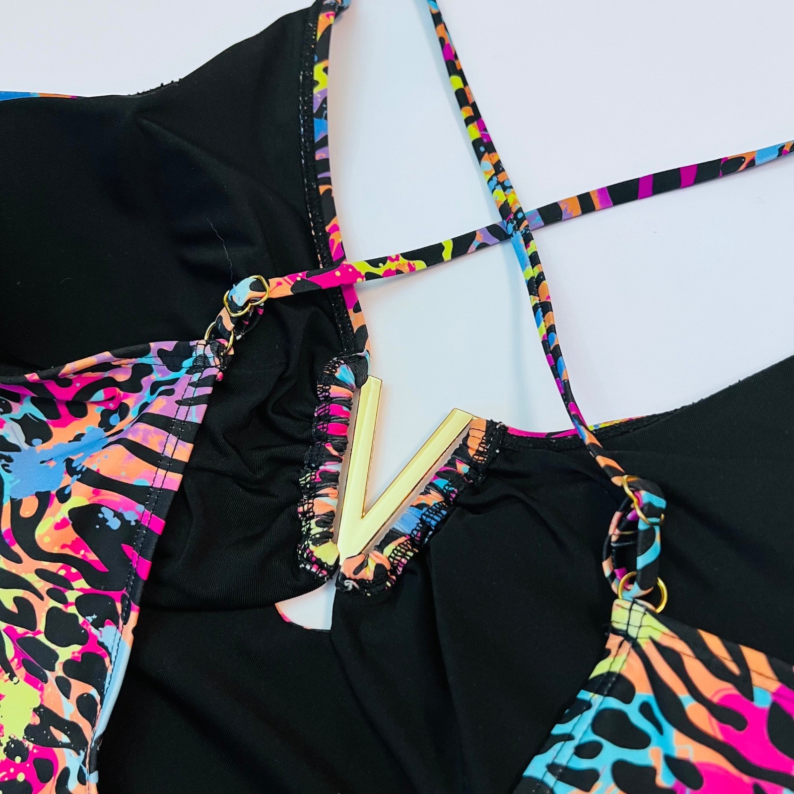 White Birch XL Neon Animal Print One Piece Swimsuit Strappy Back