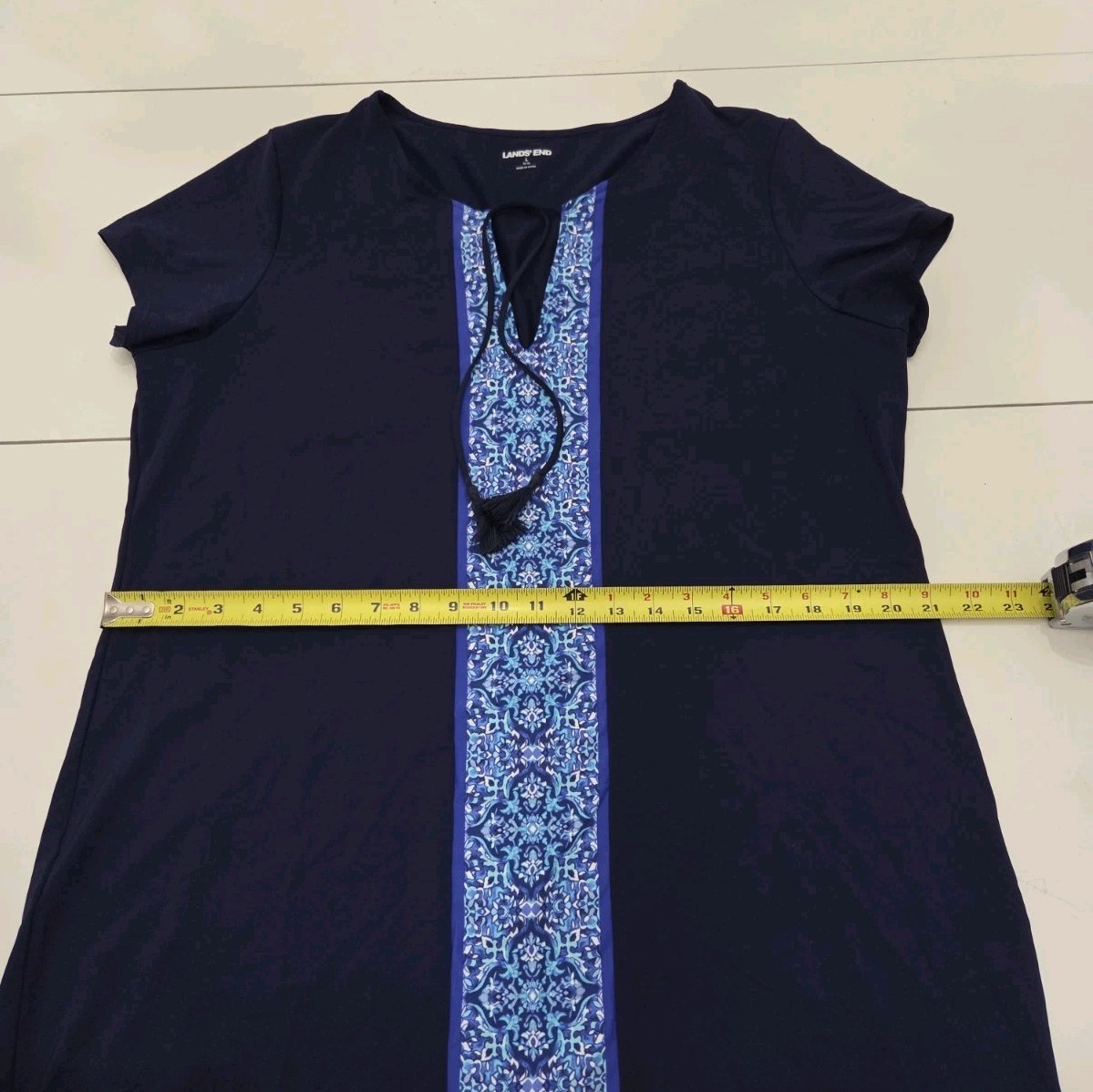 Lands End Size L Swim Dress Cover Up Navy Blue Medallion Floral Trim Tassels