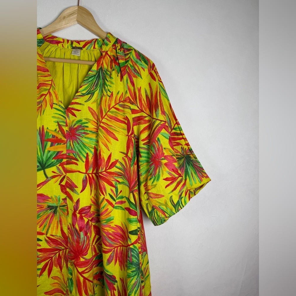 Magischoni Women’s 100% Linen Tropical Print Mini Dress Puff Sleeve Dress Sz S