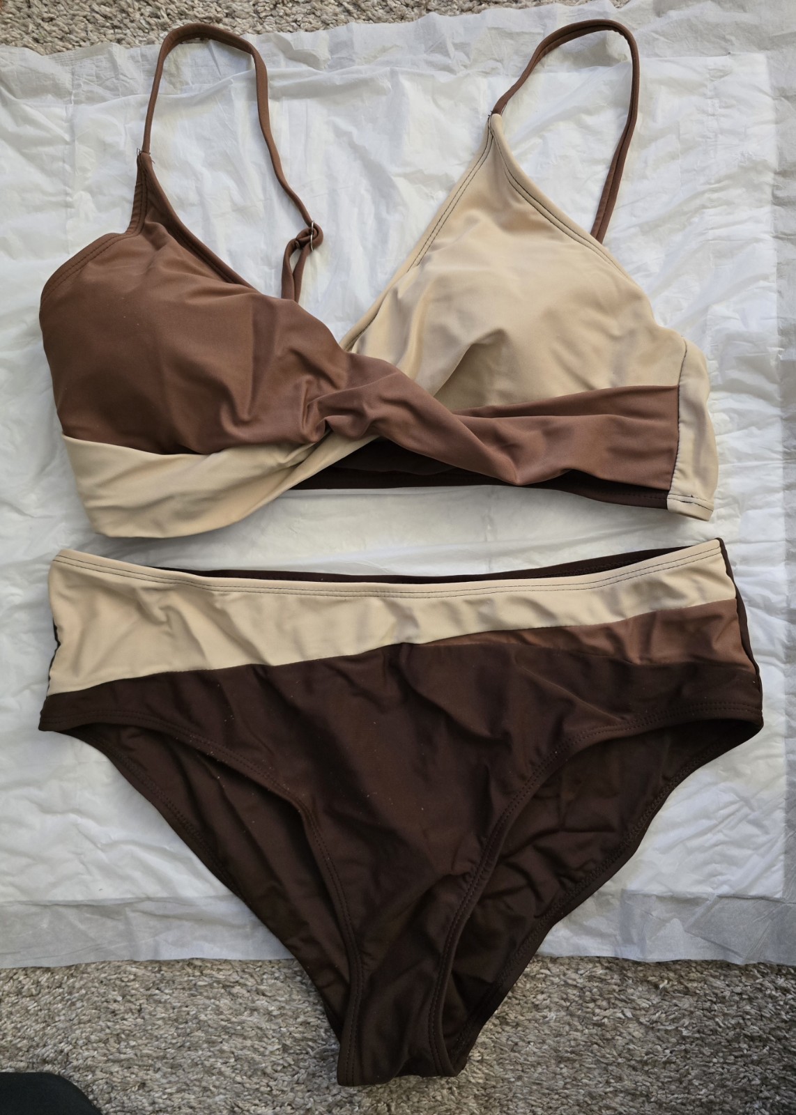 Women’s 2-pc Bathing Suit Never Worn In Brown, Cream,Tan-Lg China Fits About C38