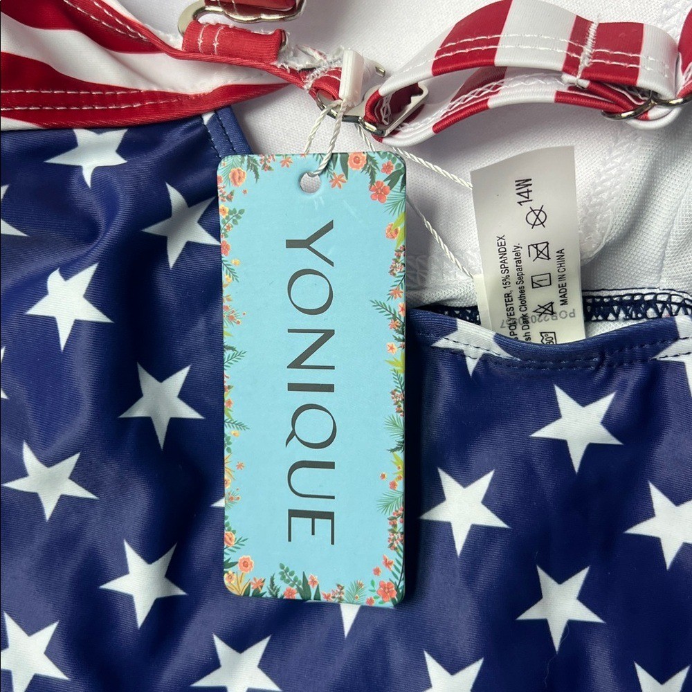 Younique Tummy Control Slimming One Piece Swimsuit Sz 14 National Flag ⚫️