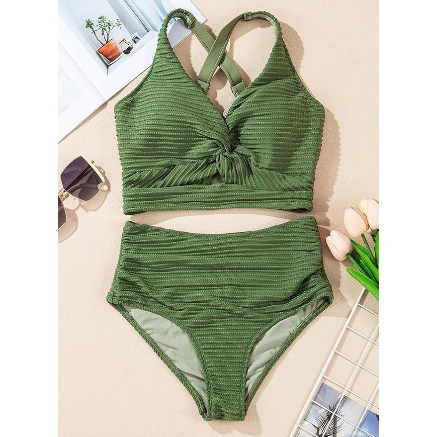 MSRP $48 Herseas Women’s XL Textured Bikini Set Twist Front Top Swimsuit High W