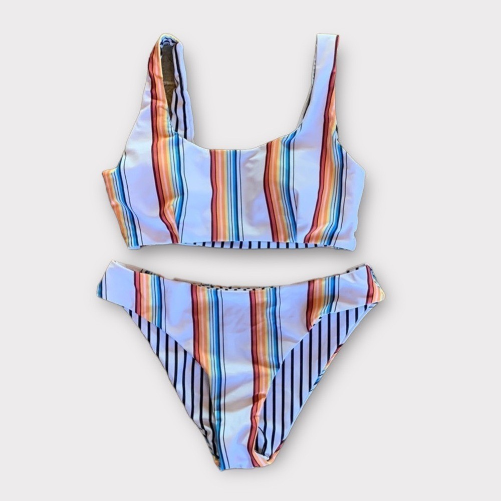 NWT Shein Striped Rainbow Serape PrideTop Cheeky Bikini BottomsSwimsuit Set S