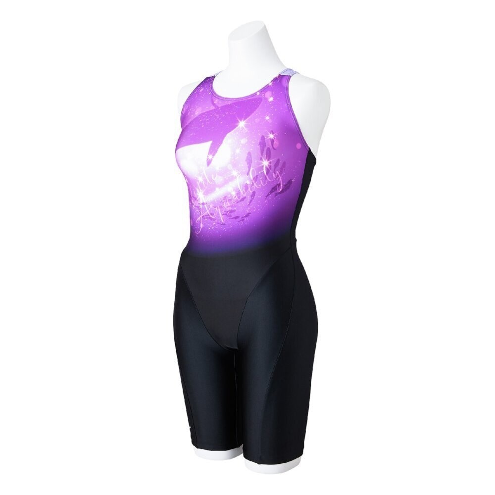 Mizuno Women’s Swim Fitness All-in-One Swimsuit Dolphin Print Black/Purple 2025