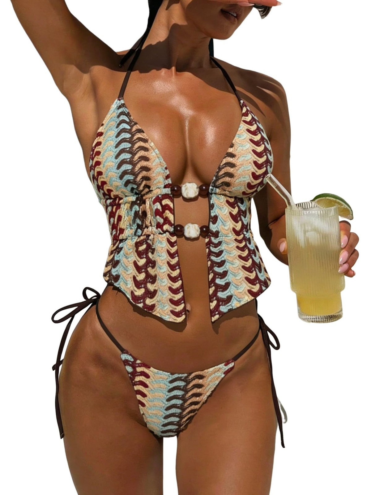 ZAFUL Halter Swimsuits for Women Textured Backless 2 Piece Bathing Suits Chee…