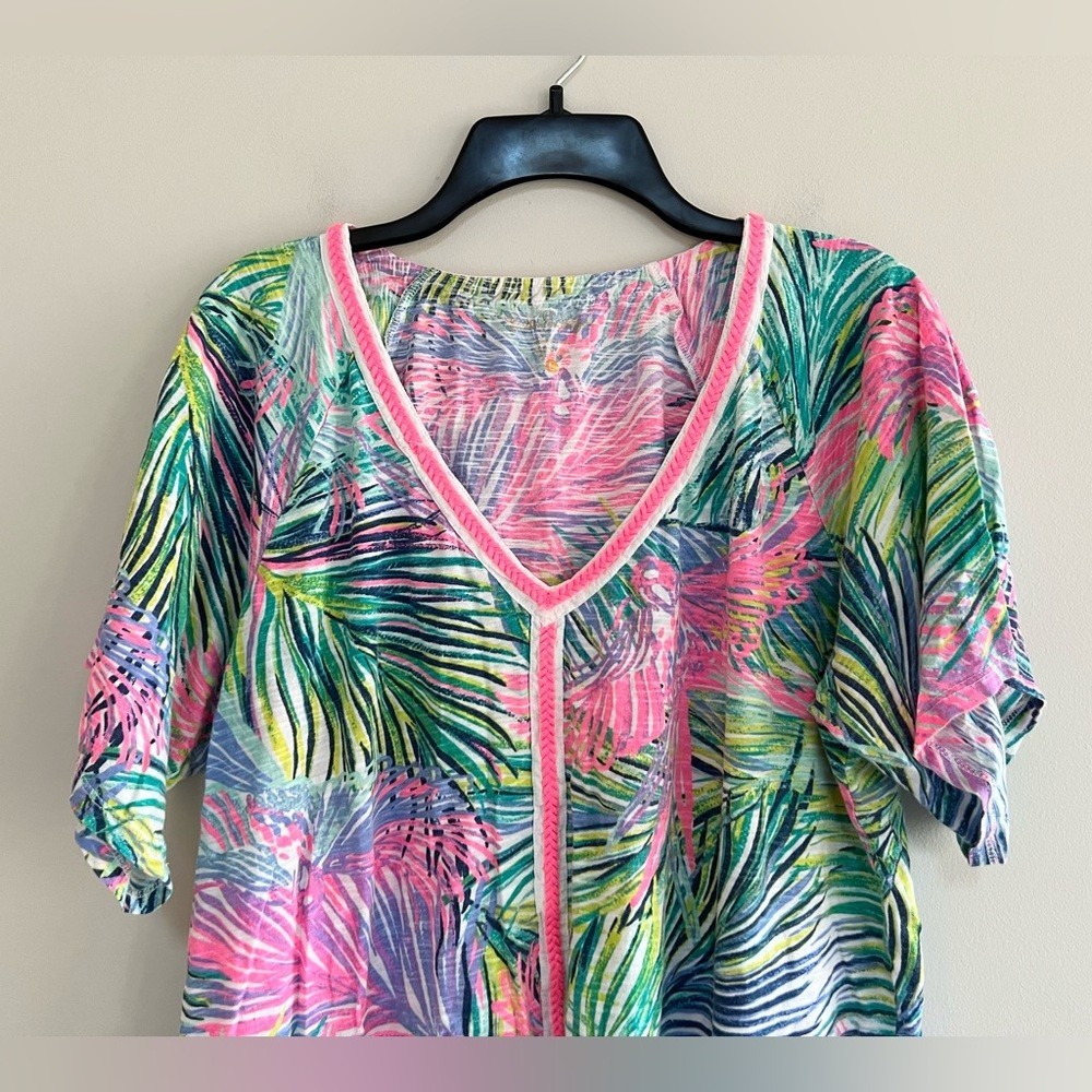 Lilly Pulitzer Women’s Bonita Coverup Tropical Palm Print “Scarlet Macaw”, L