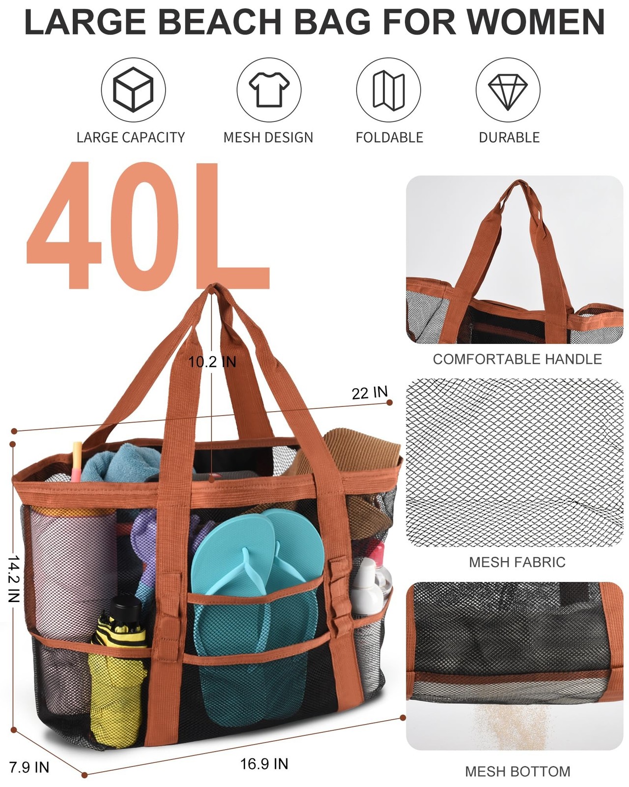 Genteen 40L Mesh Beach Bag, Foldable Sandproof Tote with Waterproof Pocket Qu…