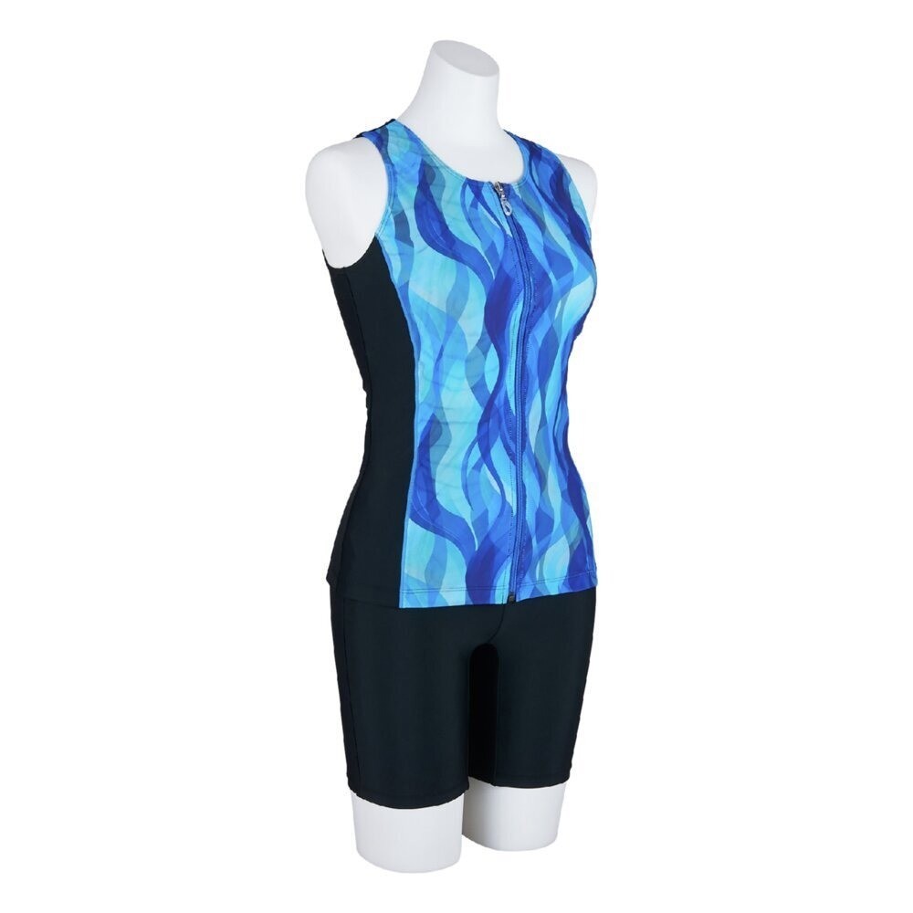 Mizuno Women’s Aqua Fitness Two-Piece Suit Front Zip Tank Top Black/Blue Hawaii