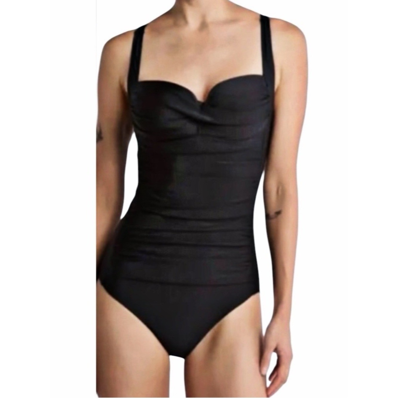 New Betsey Johnson Bandeau Top Front Ruching Black Swimsuit One Piece M