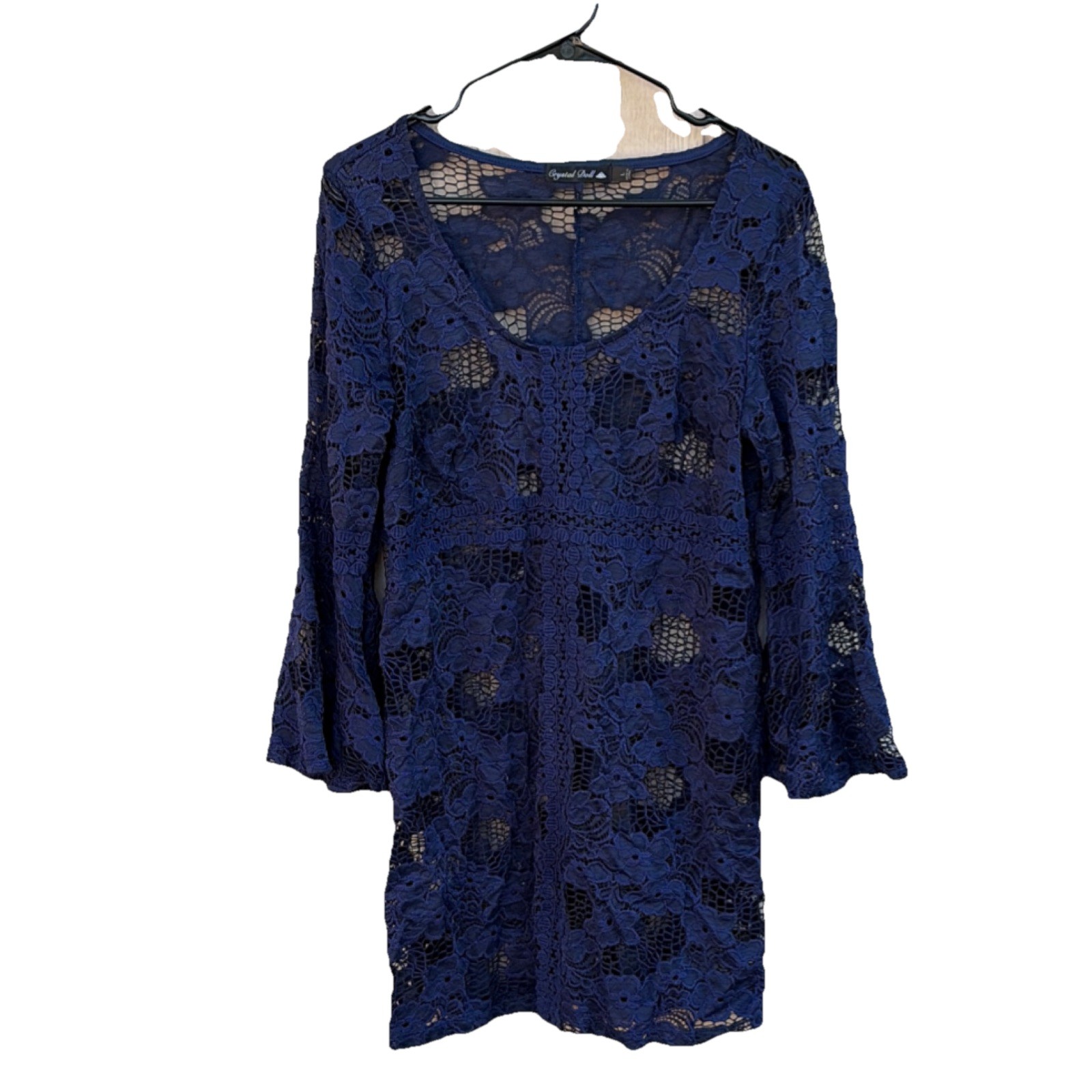 Crystal Doll Blue Floral Lace V-Neck 3/4 Bell Sleeve swimwear cover sz L