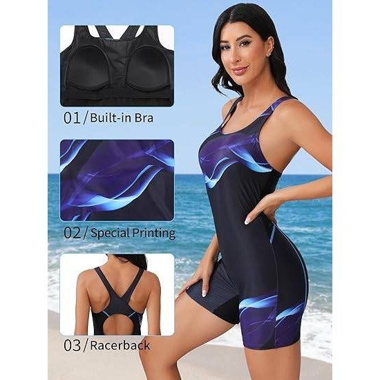 MSRP $37 ATTRACO Womens Blue Curve XL Boyleg Sport One Piece Swimsuit Athletic