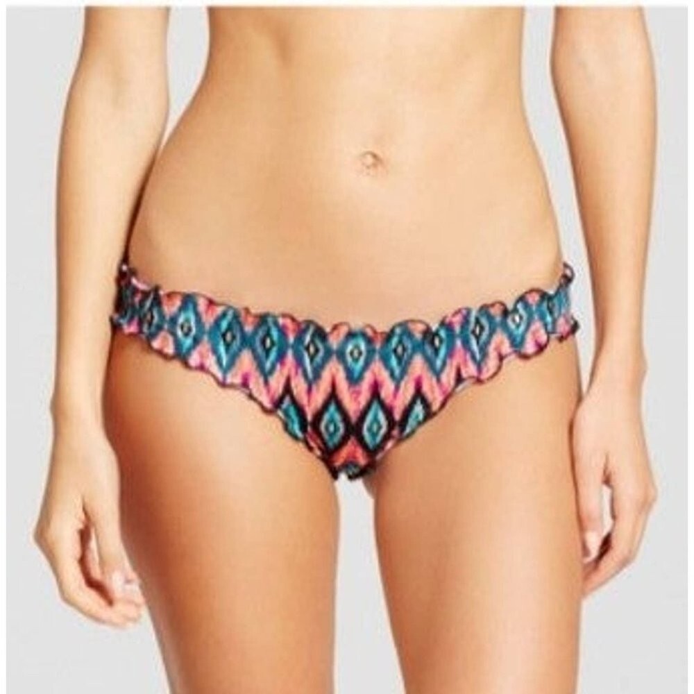 Shade & Shore Women’s Wave Ruffle Cheeky Bikini Bottom,– Ikat, Pink