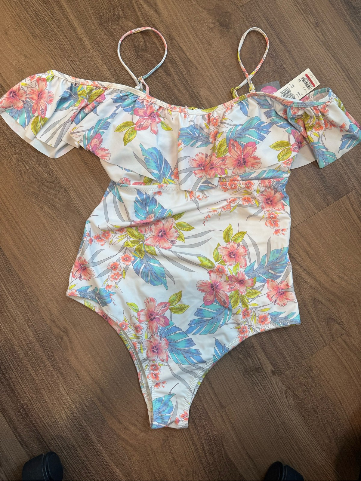 Raisins Maui Gardens Off-The-Shoulder Ruffle One-Piece Swimsuit XL Floral Cheeky