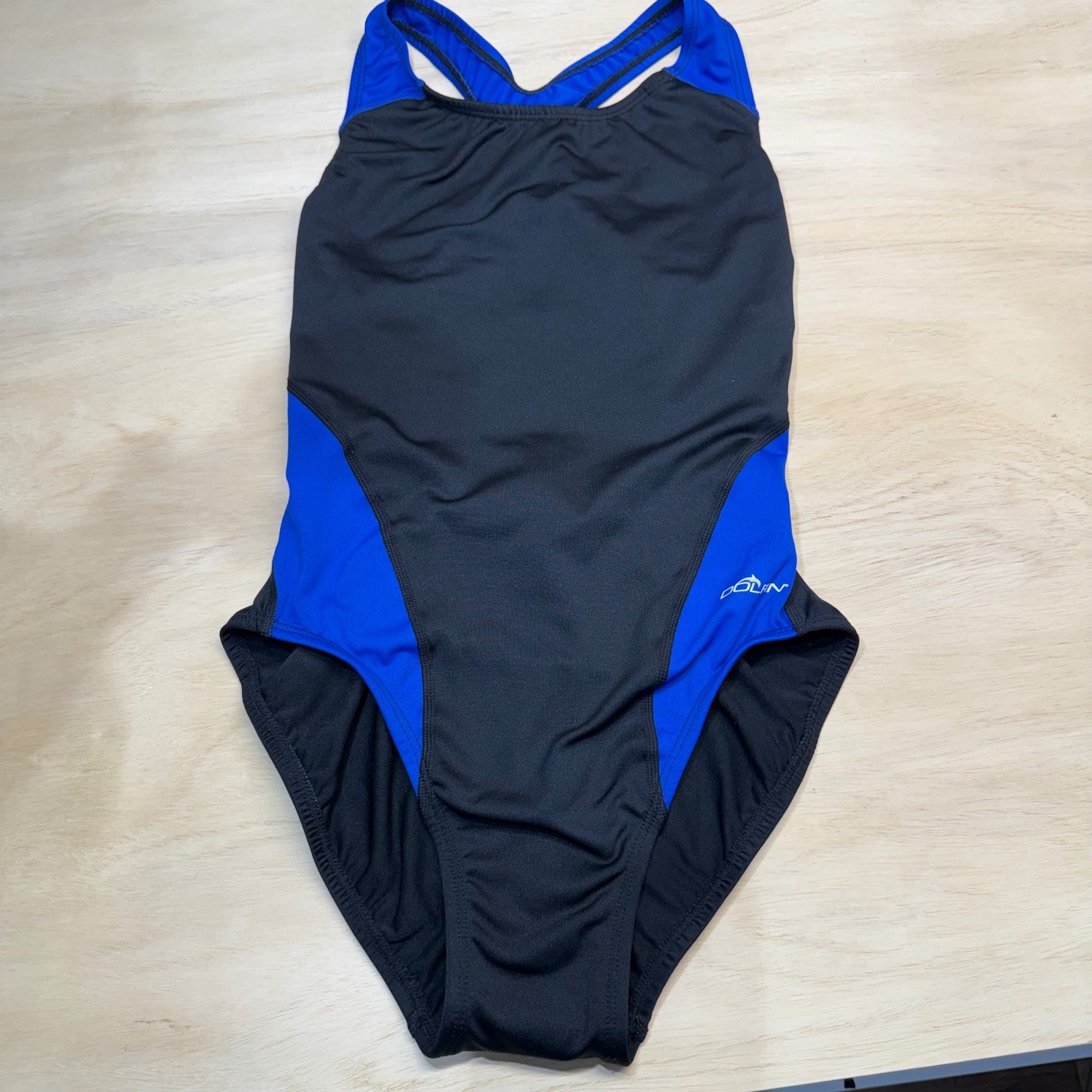 Dolfin Womens One Piece Swimsuit Black Blue Colorblock Racerback Size 34 NEW