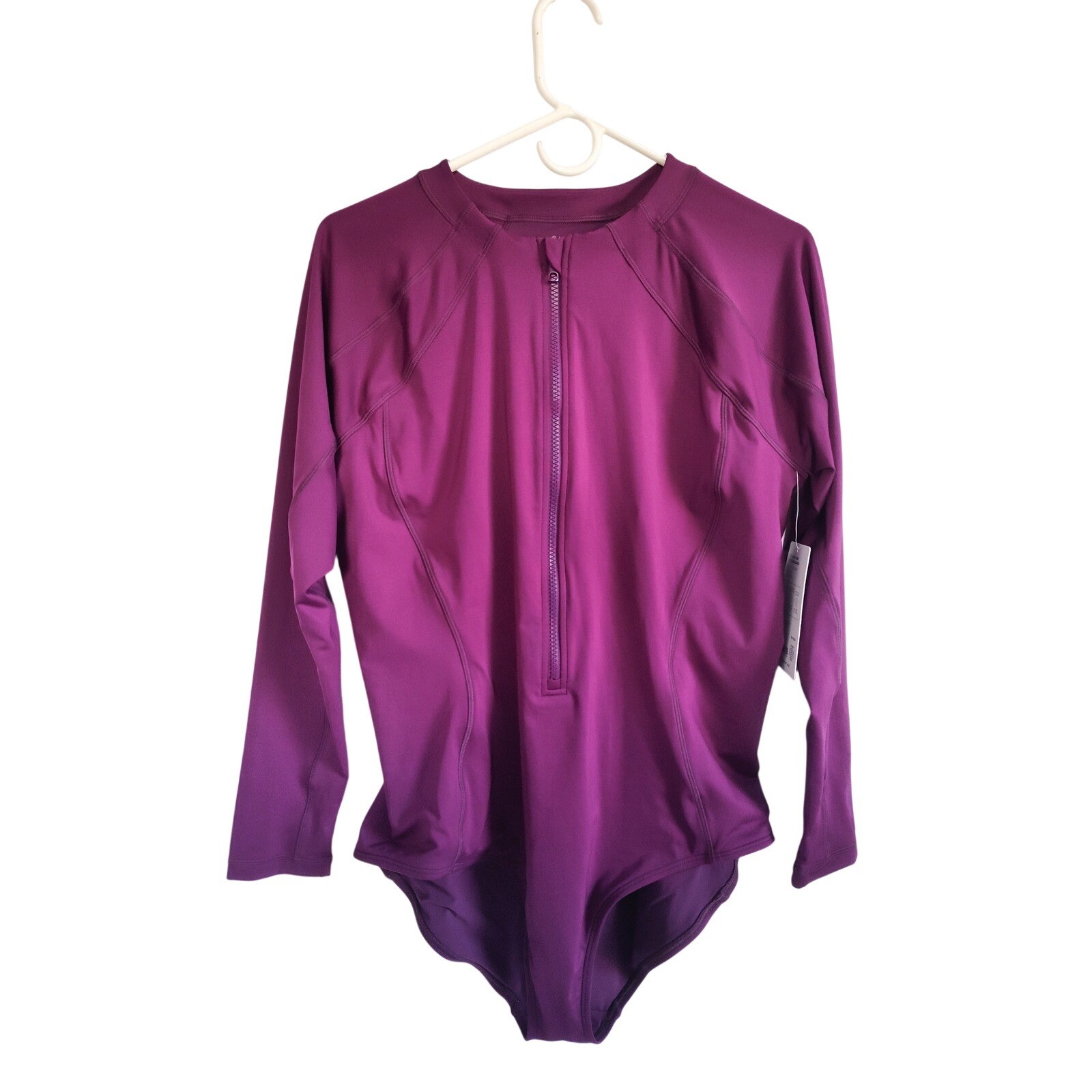 New Athleta One Piece Swimsuit Small Rashguard Purple Long Sleeve NWT Front Zip