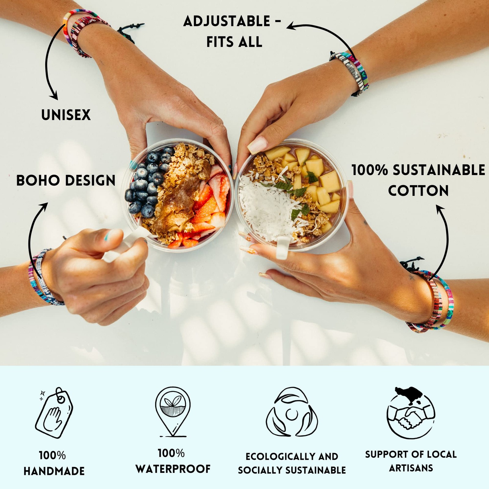 Made by Nami 2 Pcs Boho Surfer Bracelets for Women and Men Black & White