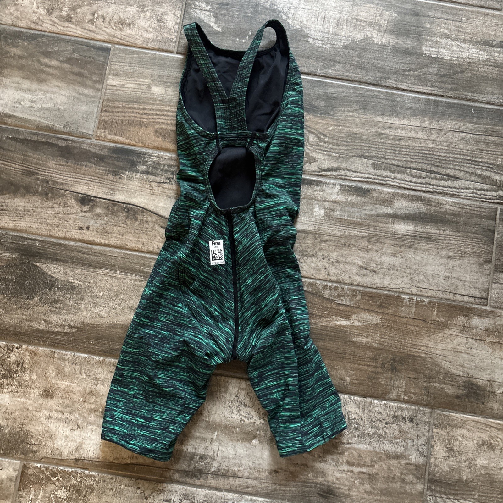 TYR Women’s Thresher Baja Open Back Sz 20 Kneeskin Swimsuit FINA Approved Green