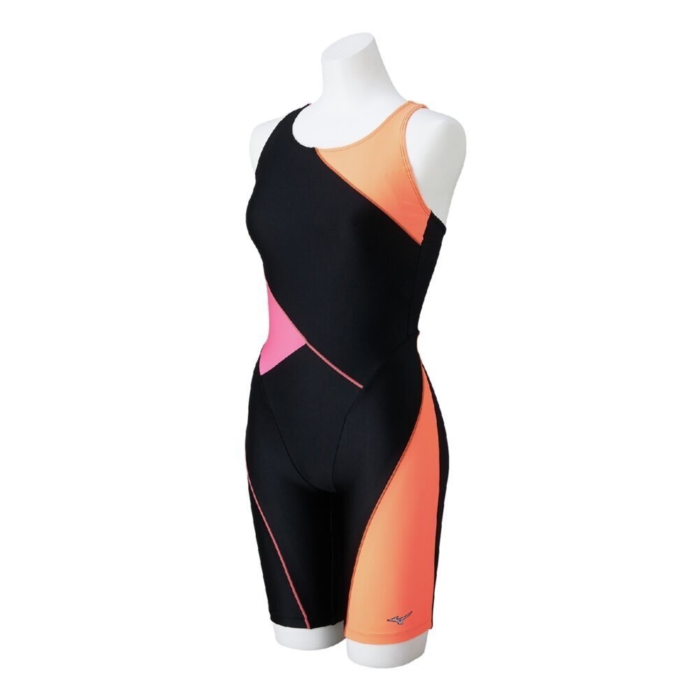 Mizuno Women’s Swim Fitness All-in-One Swimsuit Two-Tone Design Black/Orange