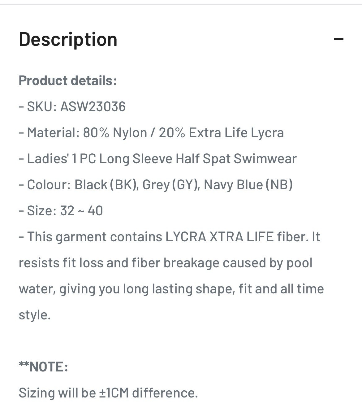 Sun Paradise Arena Ladies’ 1 PC Long Sleeve Half Spat Swimwear US/UK 34 Women