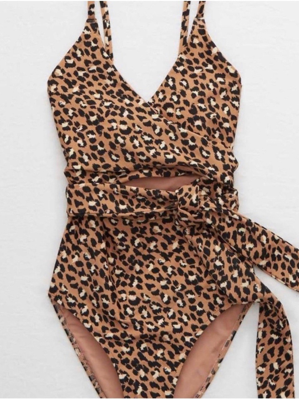 Aerie Leopard Wrap One Piece Swimsuit Tan Black Size L