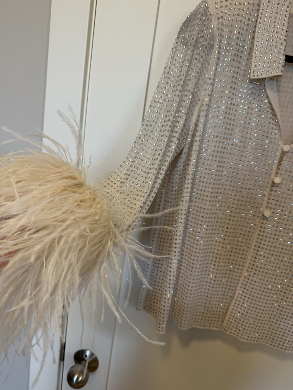 NWOT Self-Portrait Cream Rhinestone Mesh Feather Trimmed Shirt US6 $530