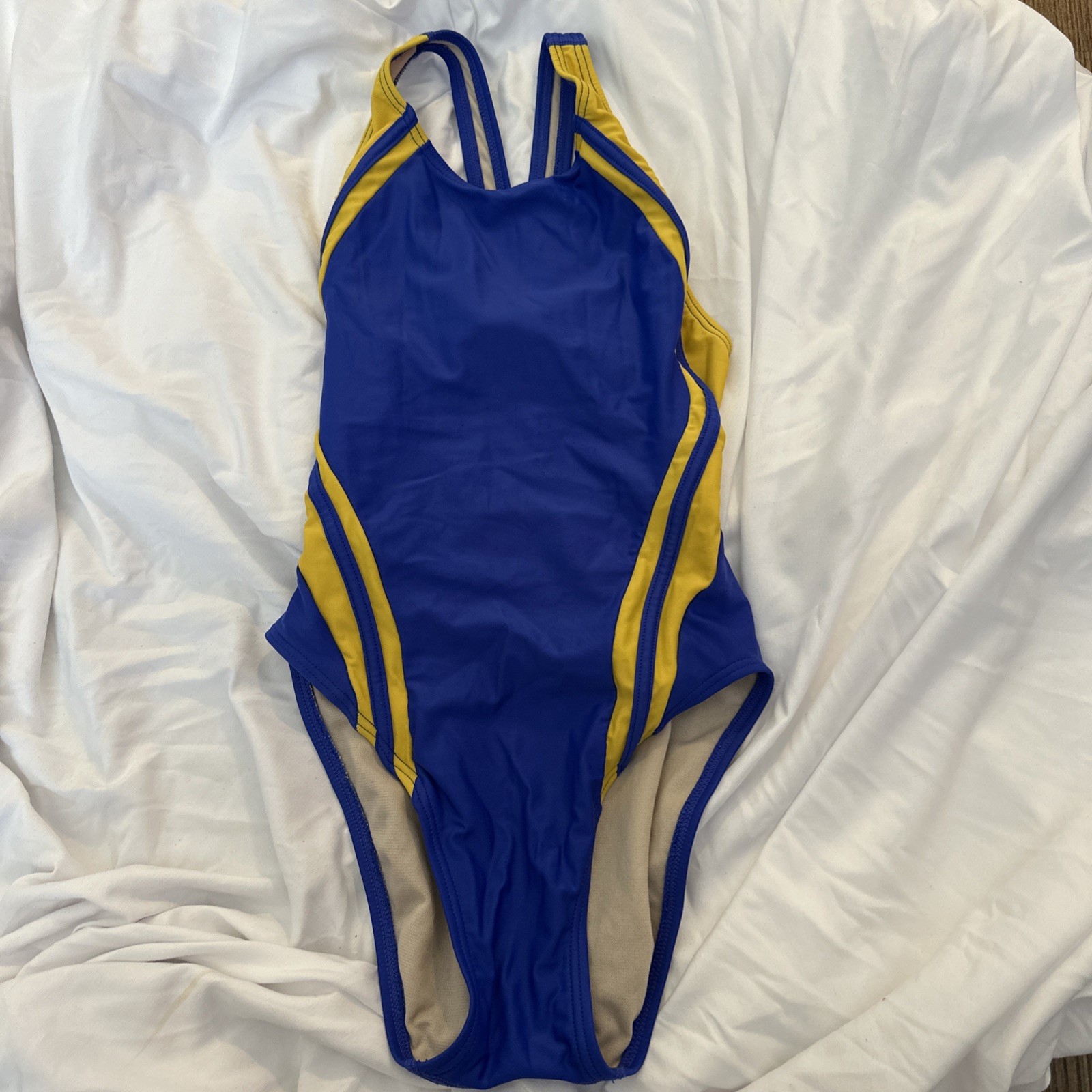 The Finals Competitive Swimwear One Piece Swimsuit Female sz 32 XS Blue Gold EUC