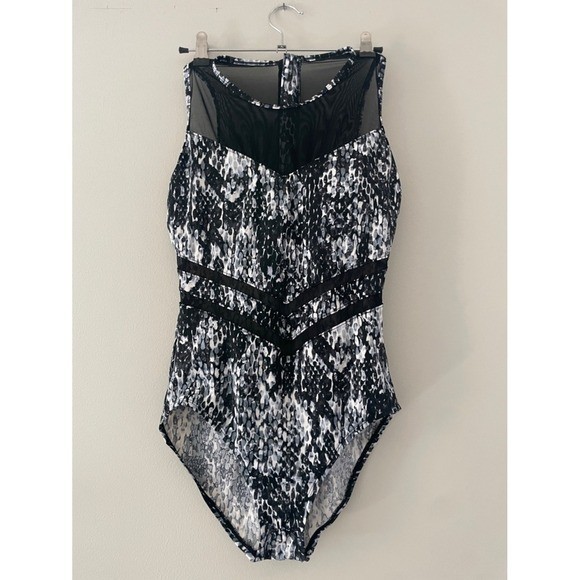Aqua Green Womens Snakeskin Mesh High Neck One Piece Swimsuit Black White Medium