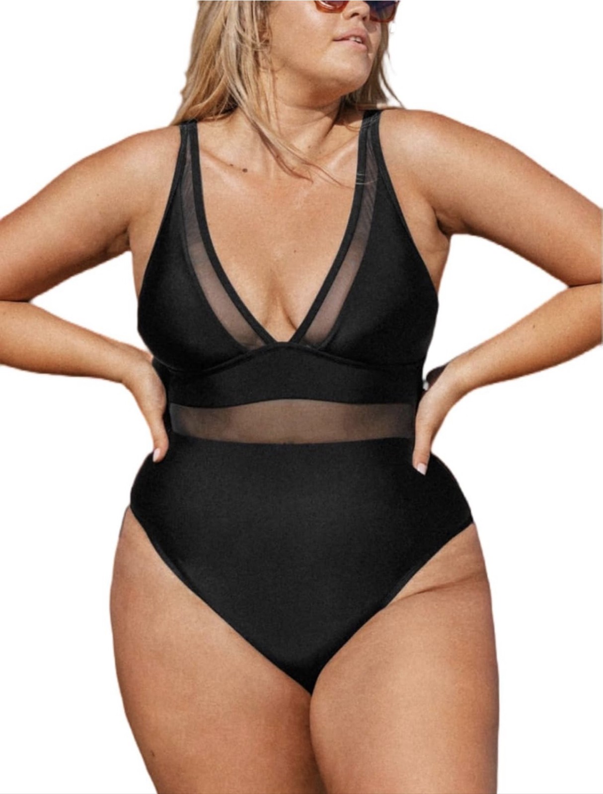 CUPSHE Black One Piece Swimsuit Plus Size 1X V-Neck Mesh Tummy Control