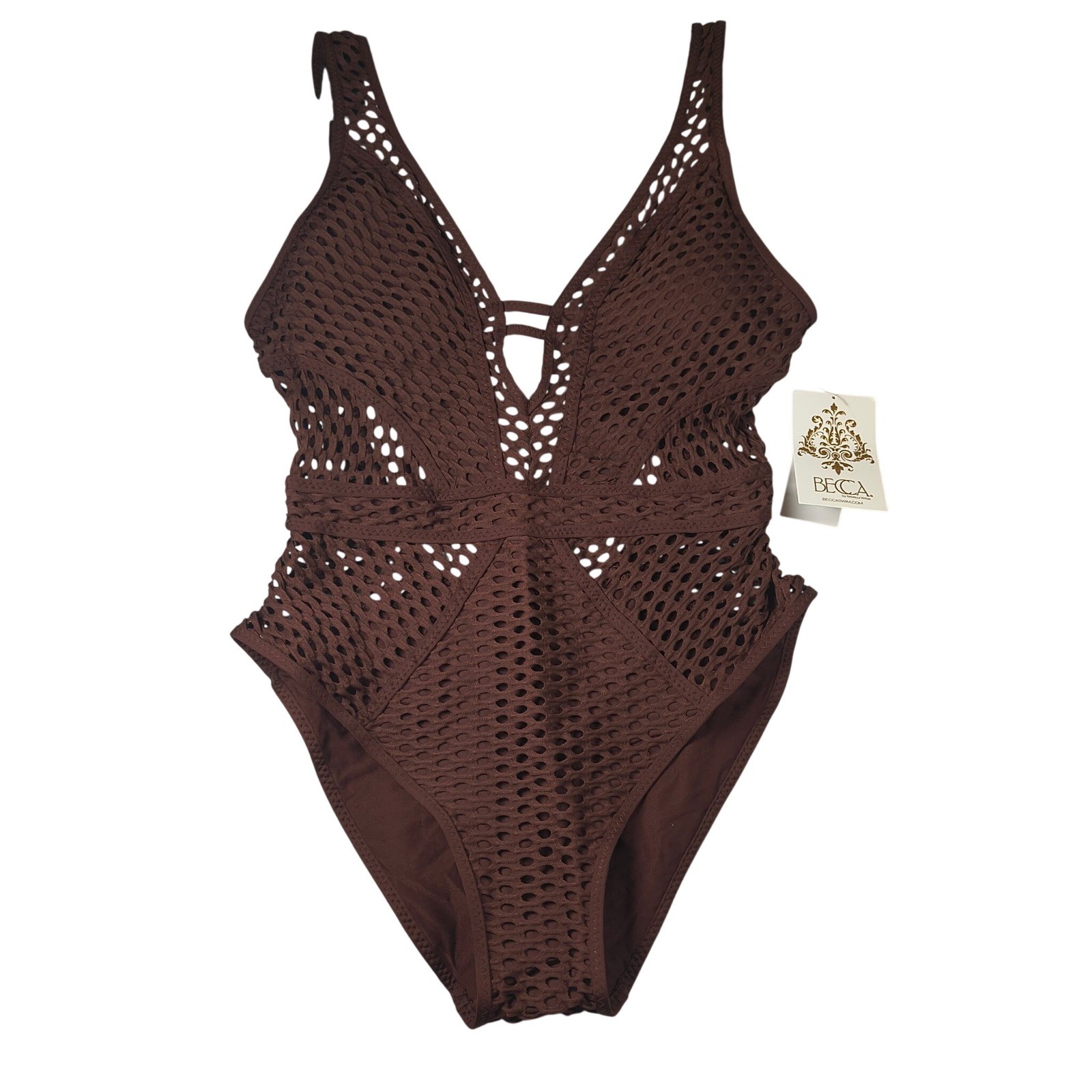 BECCA Rebecca Virtue Show & Tell Plunge One Piece Swimsuit Brown Medium NWT