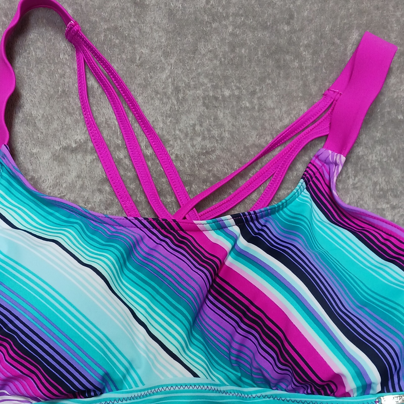 ZeroXposur Women’s Strappy Back Tankini Swim Top L Pink Blue Striped