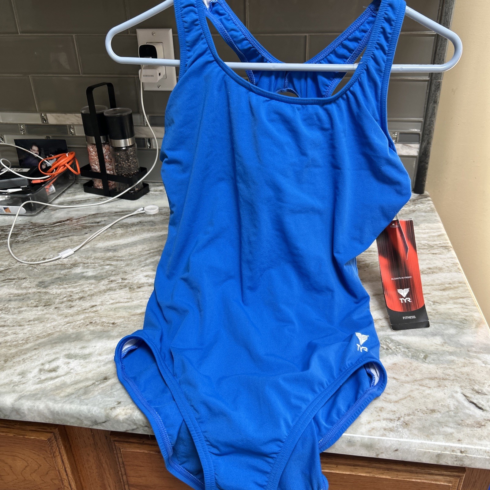 TYR DURAFAST WOMEN’S SWIMSUIT Fitness A BLue Sz 14 Hole N Back New Athletic