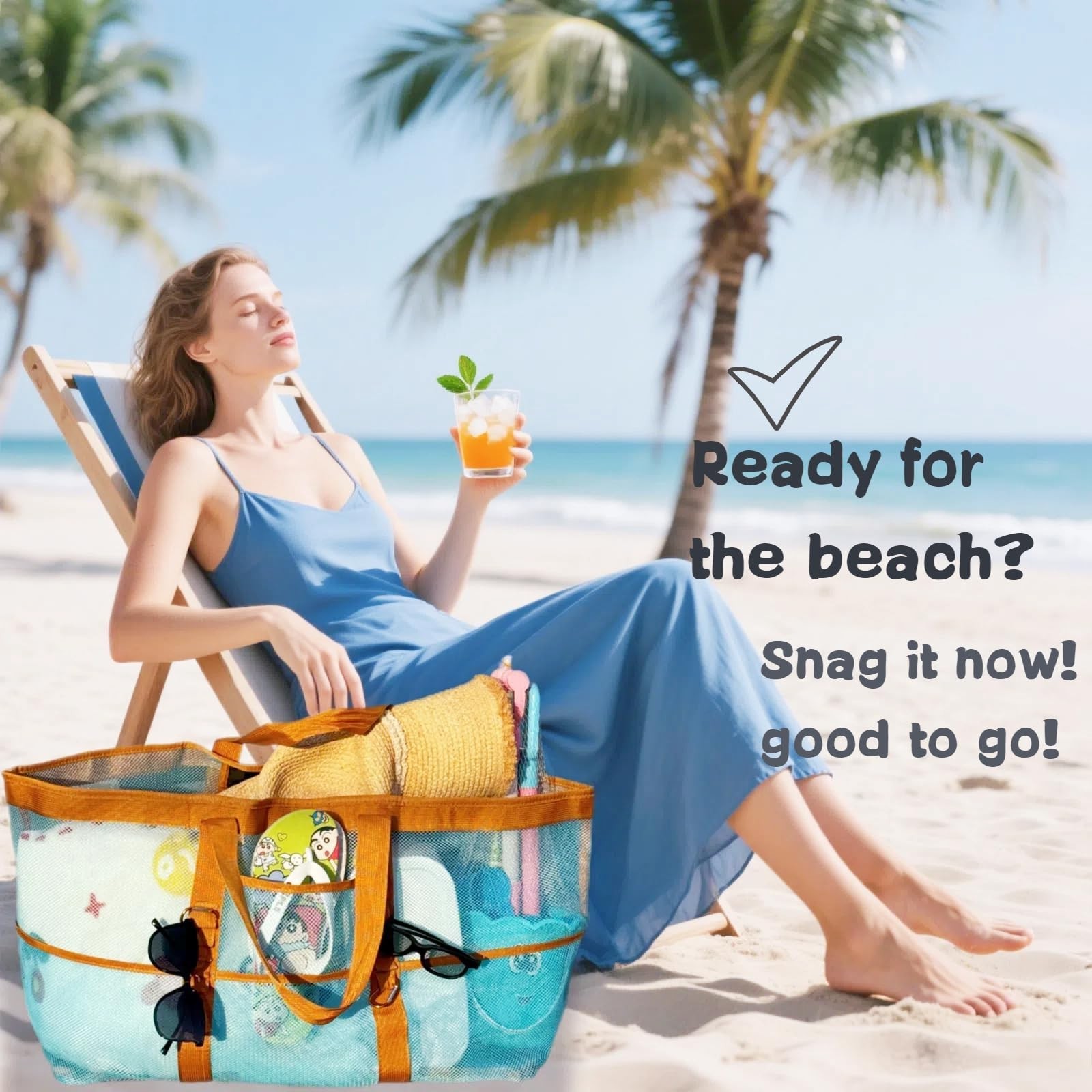 XX-Large Women’s Mesh Tote, 9 Pockets, 2 Carabiners, Incl Waterproof Bag, Lig…