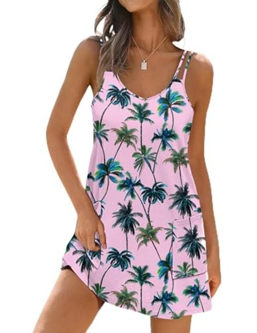 Womens Swimsuit Coverup Spaghetti Strap Bathing Suit Medium Pink Coconut Tree