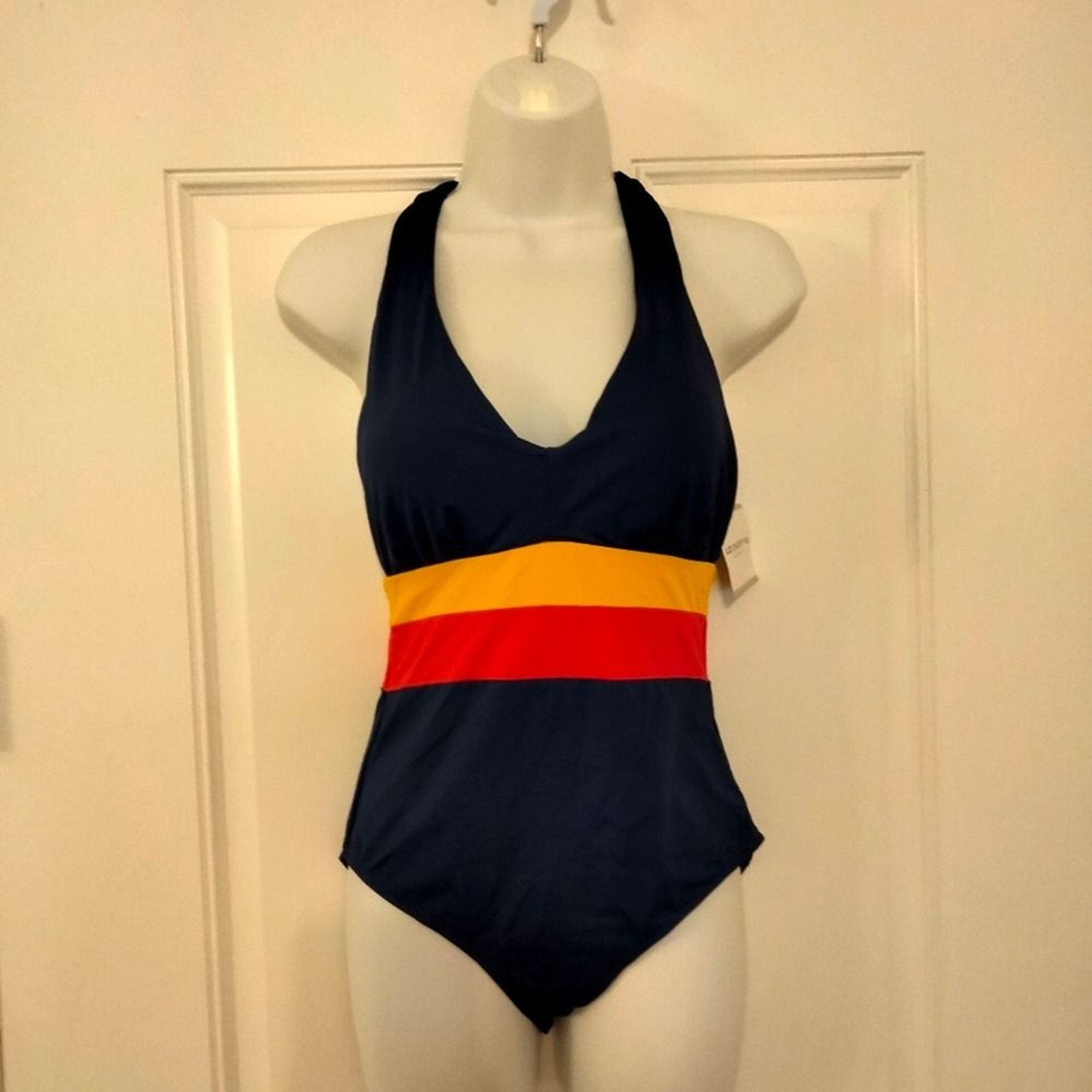 Liz Claiborne Navy Blue Pink Yellow Band One Piece Swimsuit Women size 8