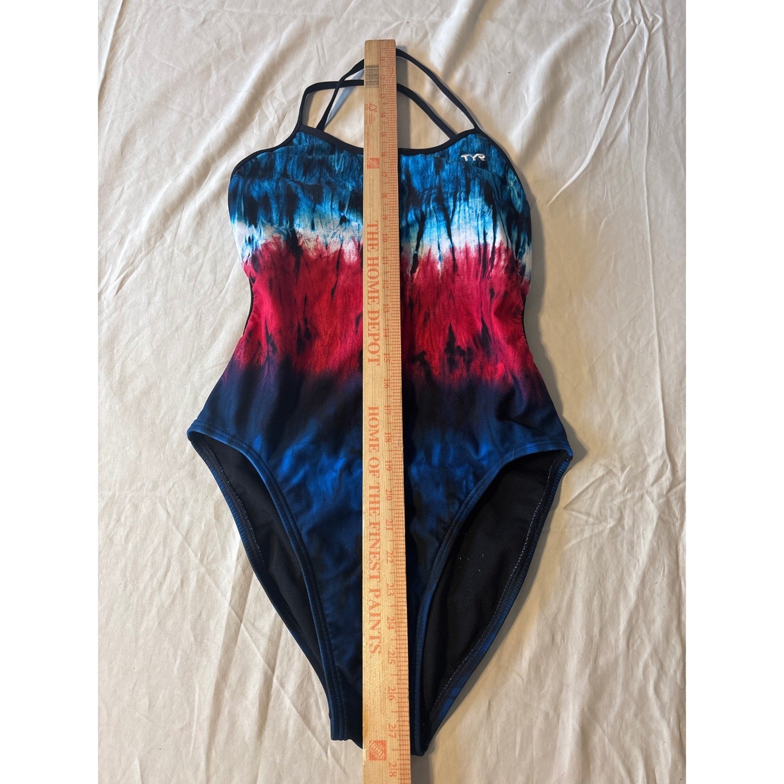 TYR One Piece Swimsuit Women 34 Blue Red Tie Dye Excellent Crossback Athletic