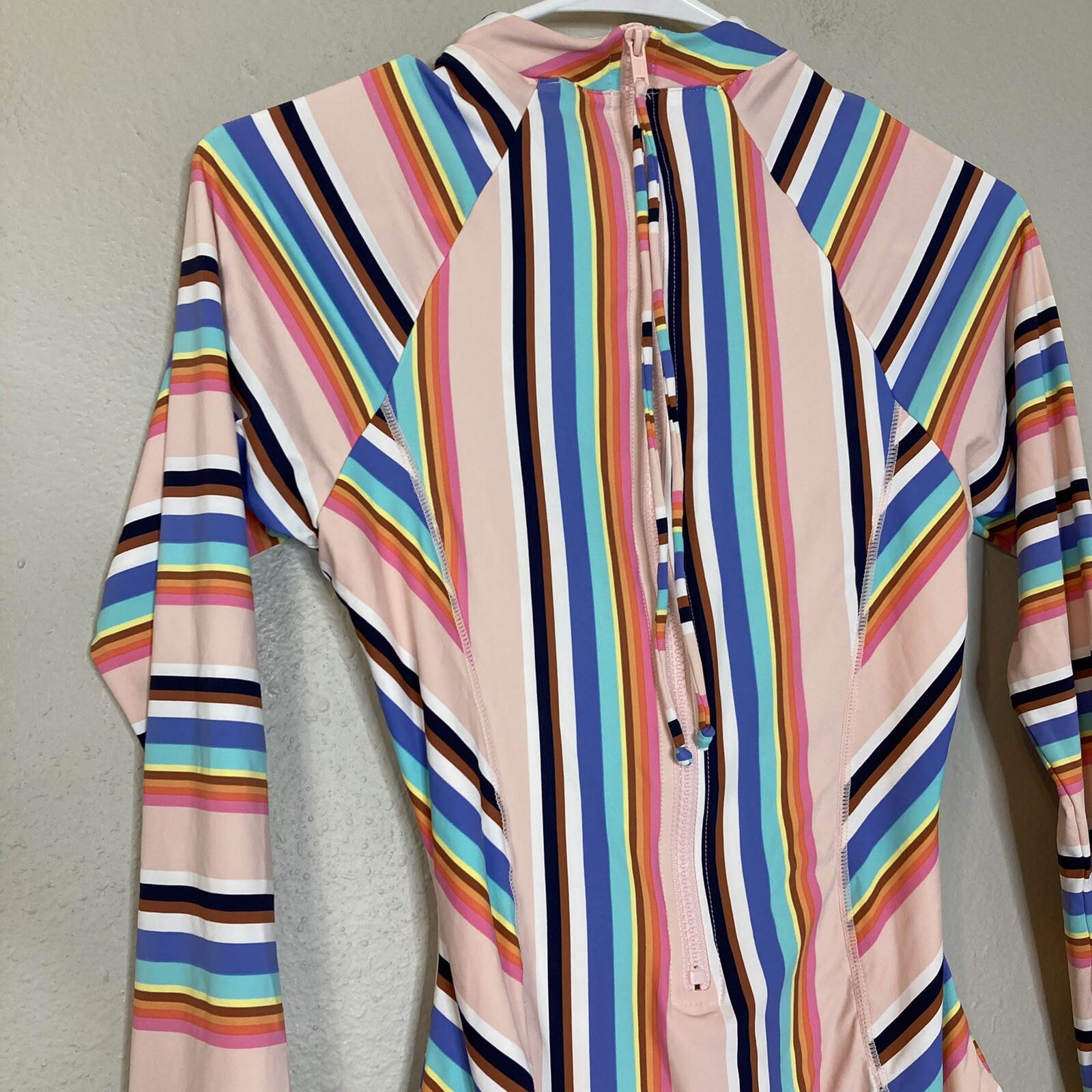 Hobie Standard Surf Suit M Multicolor Striped One Piece Swimsuit, Long Sleeve