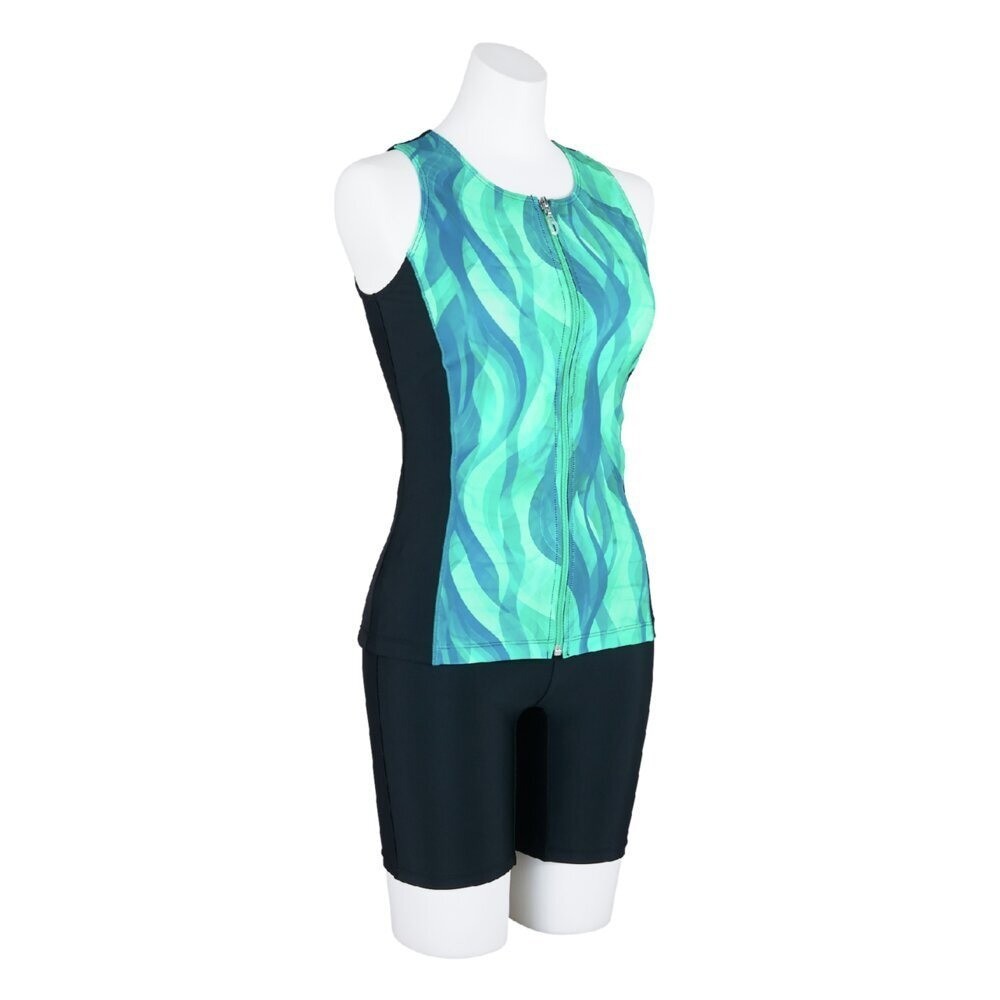 Mizuno Women’s Aqua Fitness Two-Piece Suit Front Zip Tank Top Black/Turquoise